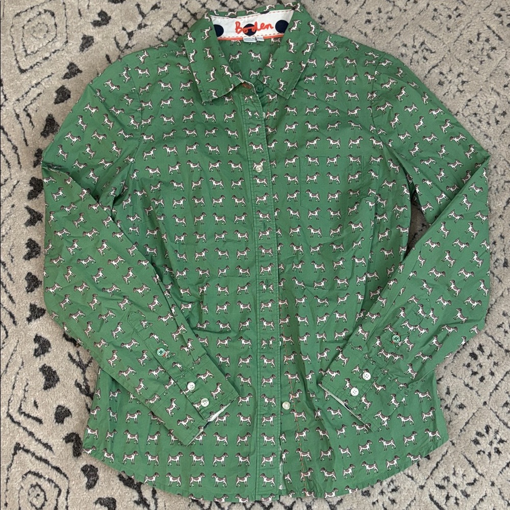 Boden Green Button Down Shirt with Dog Print